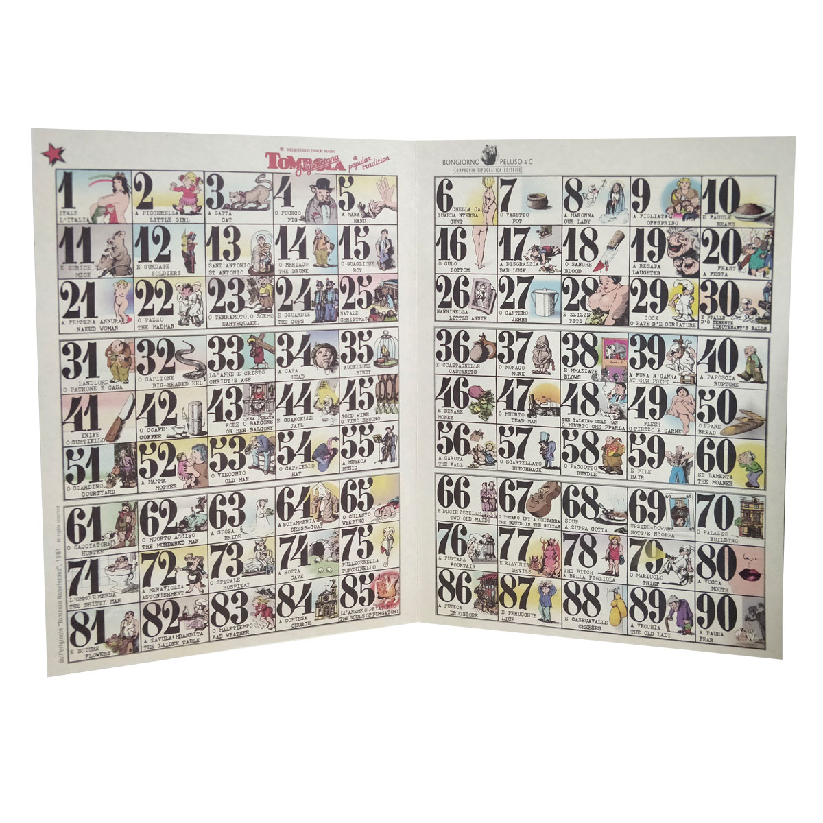 Kit tombola smorfia napoletana completa con panariello e numeri 24 cartelle 