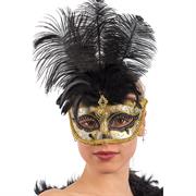 MASCHERA IN PLASTICA C/GLITTER NERI E ORO, GEMME 01335