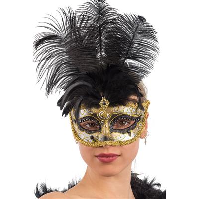 MASCHERA IN PLASTICA C/GLITTER NERI E ORO, GEMME 01335