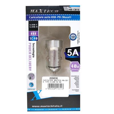 CARICATORE MAXTECH MA-C016 TYPE-C+USB 5A ARGENTO