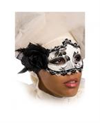 MASCHERA BIANCA E NERA IN PLASTICA C/ROSA E PIUME 813