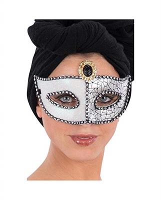 MASCHERA BIANCA/ARGENTO IN PLASTICA C/GEMMA NERA